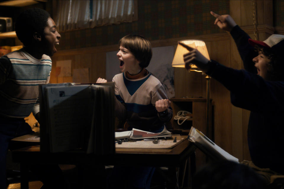 Caleb McLaughlin as Lucas, Noah Schnapp as Will Byers, and Gaten Matarazzo as Dustin in <em>Stranger Things </em>(Photo: Netflix)