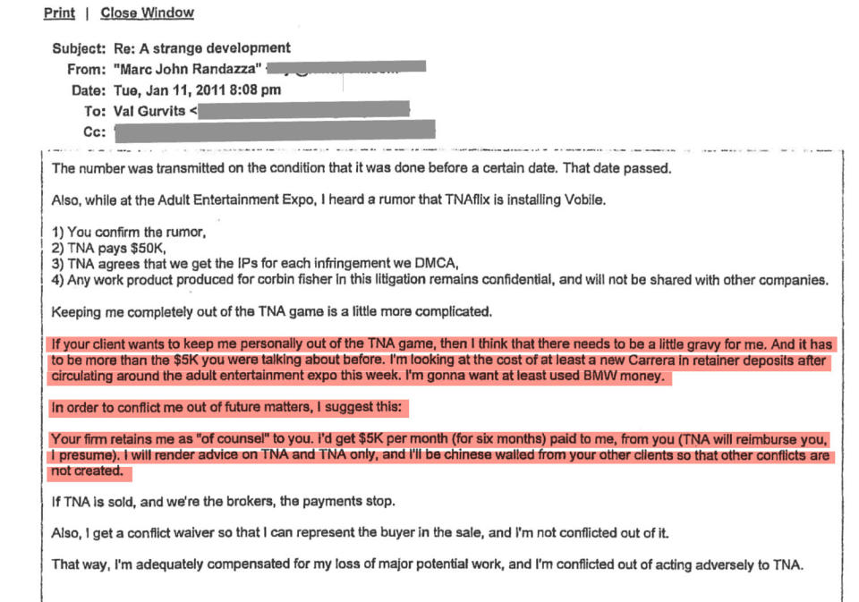 In emails to opposing counsel that later surfaced during arbitration, Randazza brazenly pursued bribes to conflict himself out of future litigation. (Photo: HuffPost image/arbitration records)