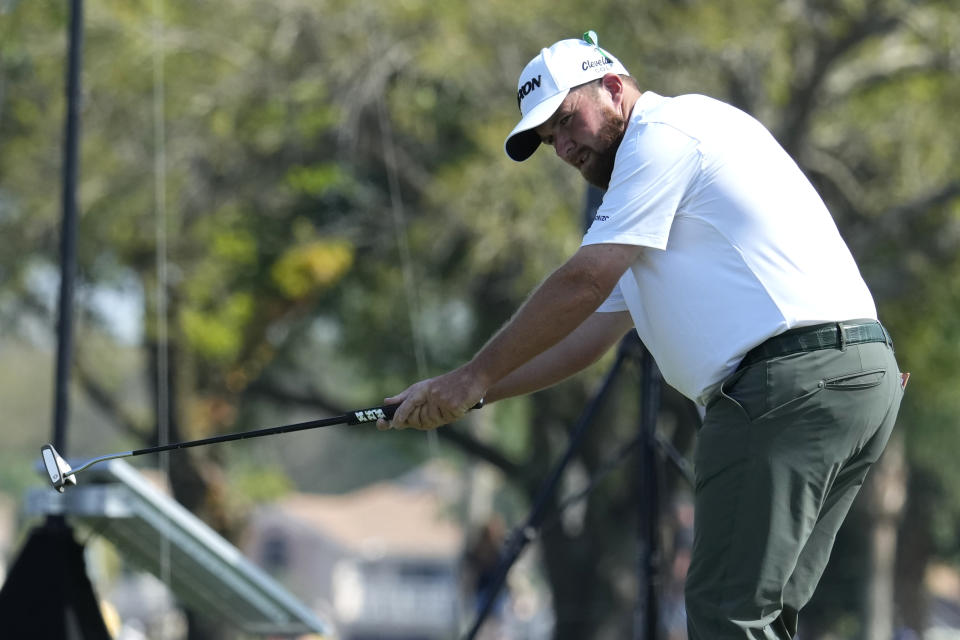 Shane Lowry of Ireland reacts after putting on the third green during the final round of the Honda Classic golf tournament, Sunday, Feb. 26, 2023, in Palm Beach Gardens, Fla. (AP Photo/Lynne Sladky)