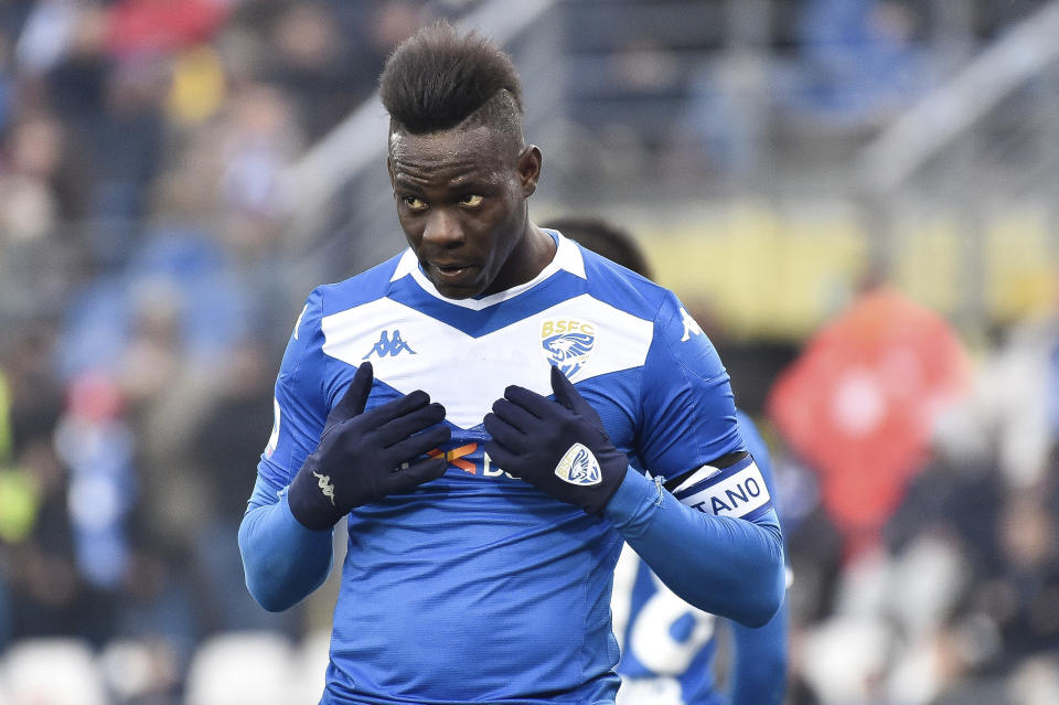 FILE - In this Sunday, Feb. 9, 2020 filer, Brescia's Mario Balotelli reacts during the Italian Serie A soccer match between Brescia and Udinese at the Mario Rigamonti stadium in Brescia, Italy. The former Italy striker was reportedly fired by his hometown club for failing to report for training as the Italian soccer season prepares to resume from a three-month break due to the coronavirus pandemic. (Gianluca Checchi/LaPresse via AP, File )