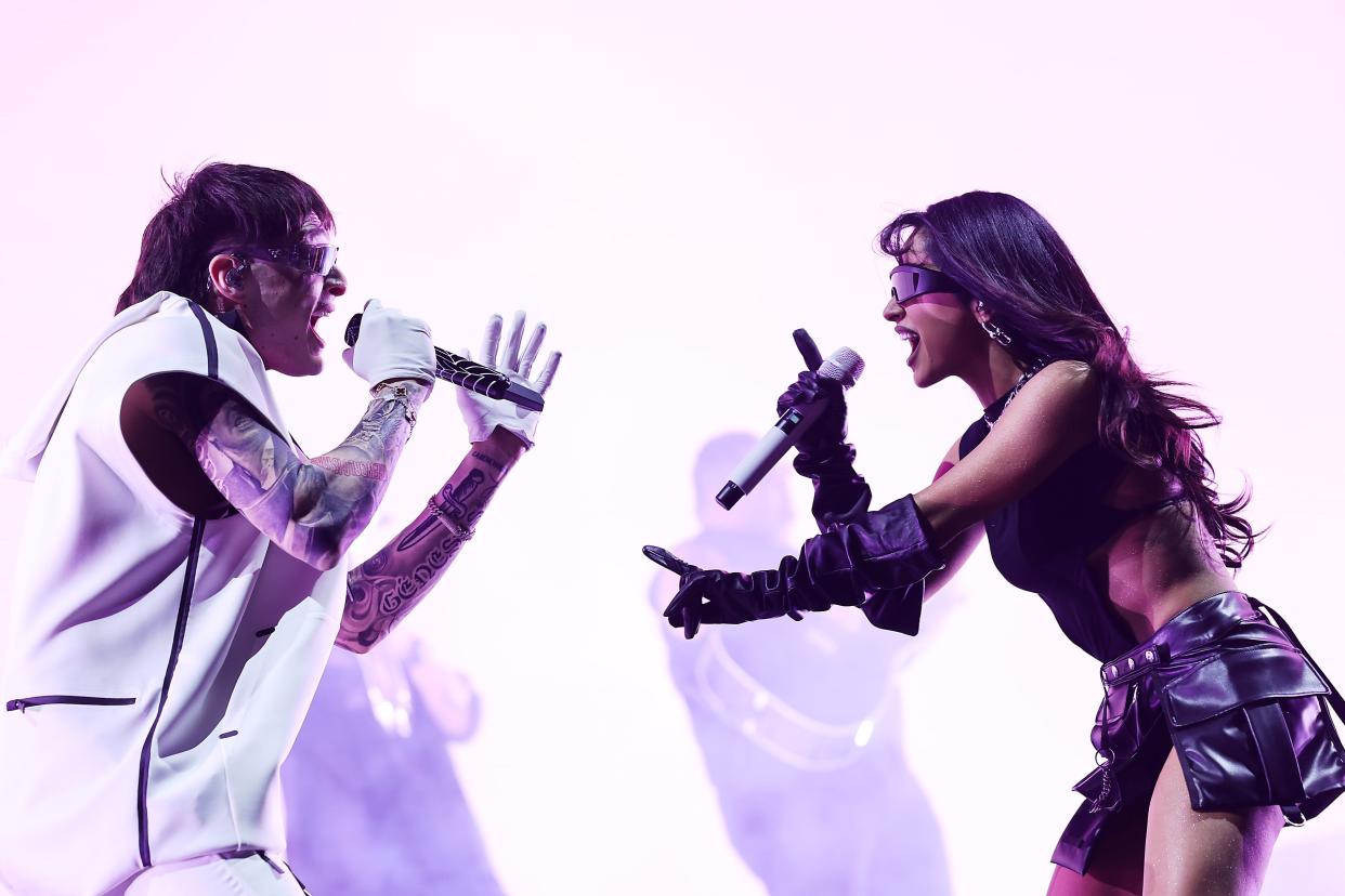 Peso Pluma and Becky G performs at the Coachella Stage during the 2024 Coachella Valley Music and Arts Festival at Empire Polo Club on April 12, 2024 in Indio, California.