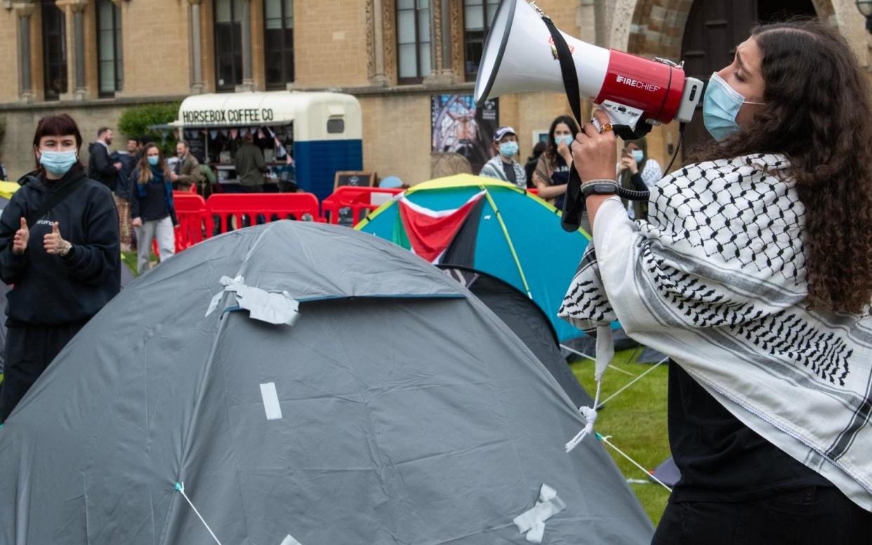 More than 70 protesters have set up a camp on the grass beside the Pitt Rivers Museum in Oxford to show their solidarity for university students around the world who took part in a protest to call for the end to the war in Gaza, on Monday
