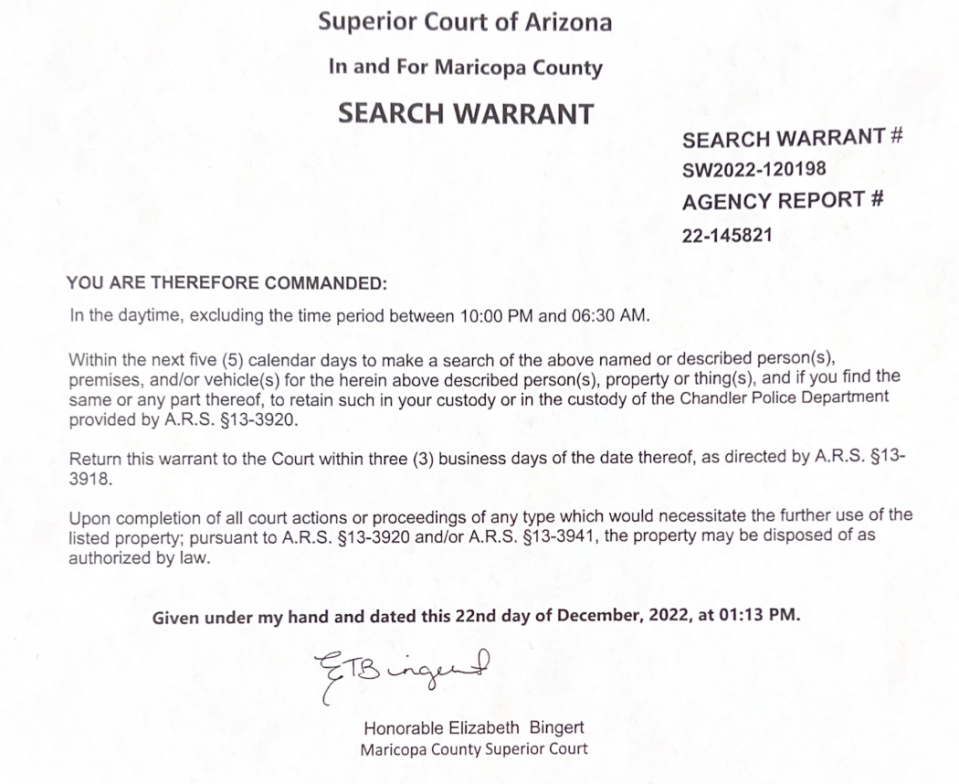 This search warrant was used to raid Cascio Motors in December 2022, after the family-owned car dealership had purchased Ford F-150 pickups with flawless titles.