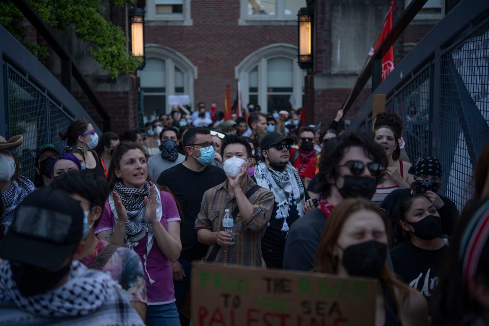 Protesters in support of Palestine, march from Centennial Park through Vanderbilt University in Nashville , Tenn., Wednesday, May 1, 2024.