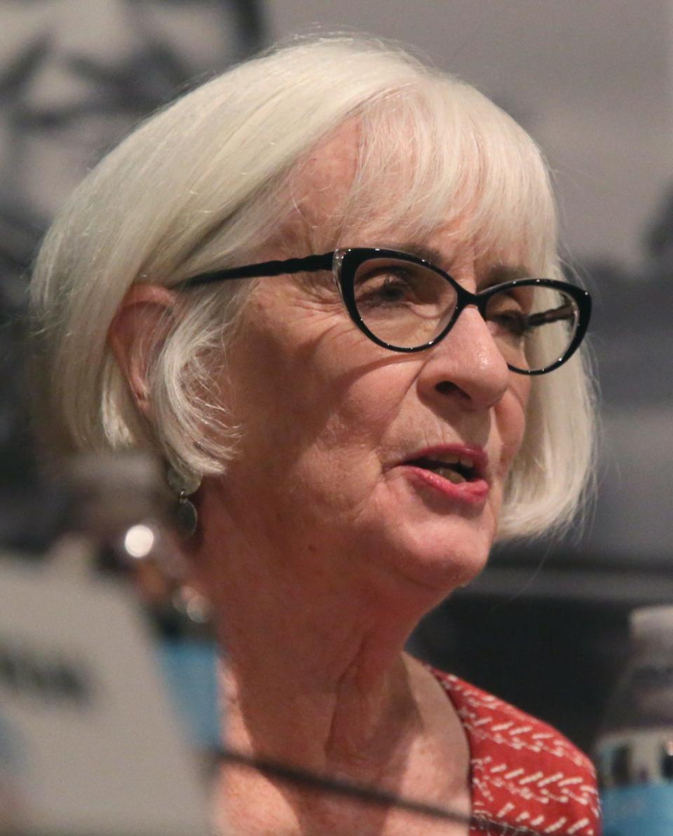 Mary McGrath voices her concerns about the upcoming election as part of a citizen panel during a Town Hall meeting on Wednesday, Sept. 21, 2022, at Centennial Hall at the Milwaukee Public Library Central Branch.