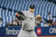 New York Yankees starting pitcher Jordan Montgomery (47) throws the ball during the during the second inning of a baseball game against the Toronto Blue Jays, Monday, May 2, 2022 in Toronto. (Christopher Katsarov/The Canadian Press via AP)