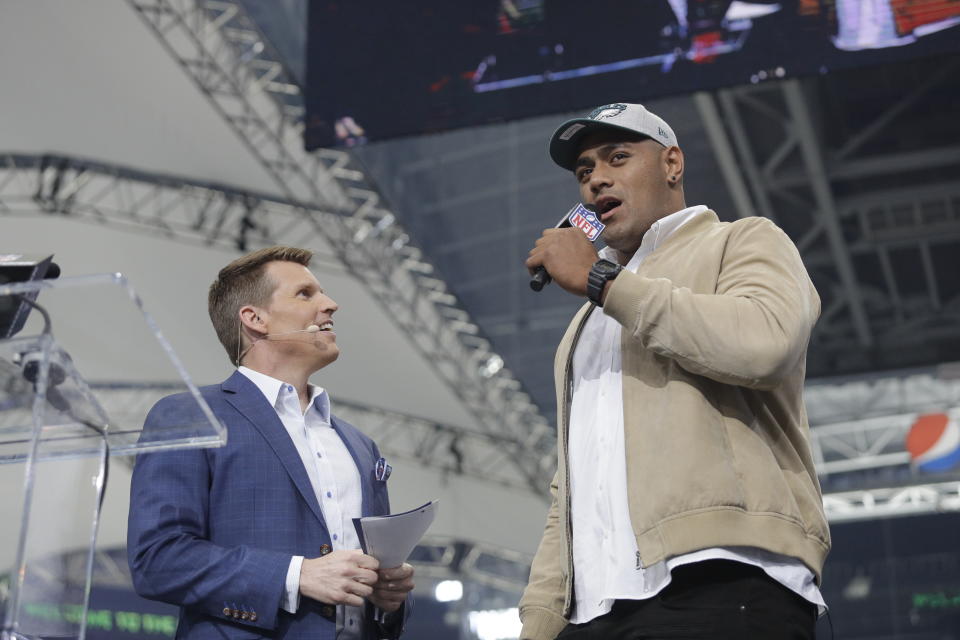 Jordan Mailata was in Dallas for his Eagles selection in the NFL draft. (AP Photo)
