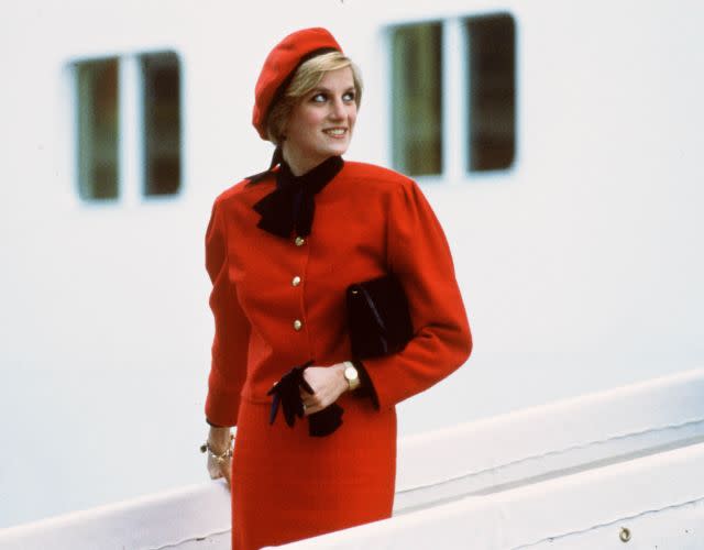 UNITED KINGDOM – NOVEMBER 15: Diana, Princess of Wales wears a charm bracelet aboard the new P&O cruise liner “Royal Princess”, named in honour of her, after giving the ship its name at a formal naming ceremony (Photo by Tim Graham Photo Library via Getty Images)