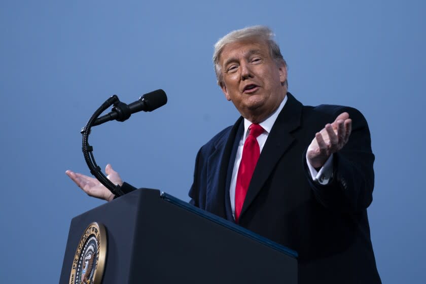 President Trump speaks during a campaign rally at Fayetteville Regional Airport in North Carolina.