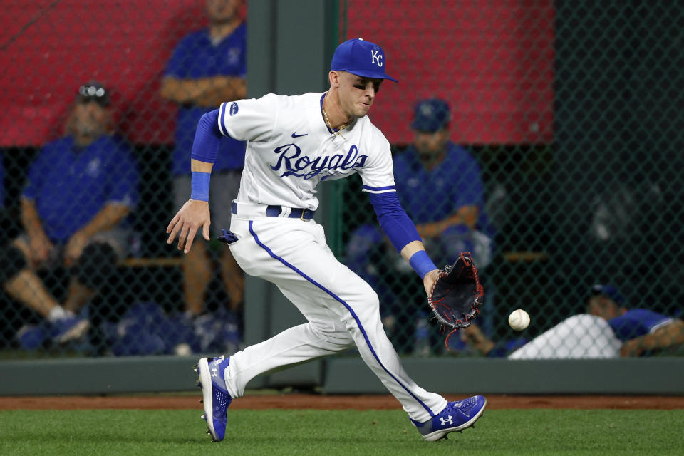 Kansas City Royals right fielder Drew Waters chases down an RBI single hit by Seattle Mariners' Ty France during the fourth inning of a baseball game in Kansas City, Mo., Saturday, Sept. 24, 2022. AP Photo/Colin E. Braley)