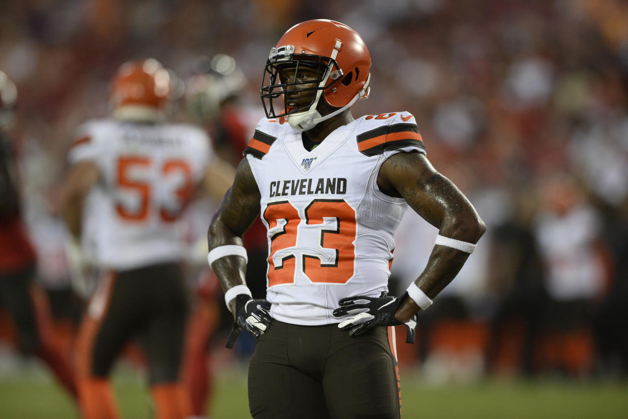 FILE - In this Aug. 23, 2019, file photo, Cleveland Browns strong safety Damarious Randall (23) is shown during the first half of an NFL preseason football game against the Tampa Bay Buccaneers, in Tampa, Fla. The Browns could be missing several starters Sunday night when they face the defending NFC champion Los Angeles Rams. Tight end David Njoku (wrist), linebacker Christian Kirksey (chest), right tackle Chris Hubbard (foot) and safeties Damarious Randall (concussion) and Morgan Burnett (leg) missed practice Thursday, Sept. 19, 2019.(AP Photo/Jason Behnken, File)