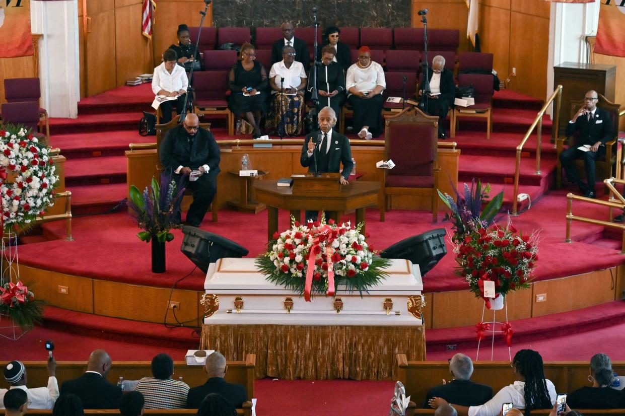 The Rev, Al Sharpton speaks the funeral service for Jordan Neely, at Mount Neboh Baptist Church in the Harlem neighborhood of New York City on May 19, 2023. (AFP via Getty Images)