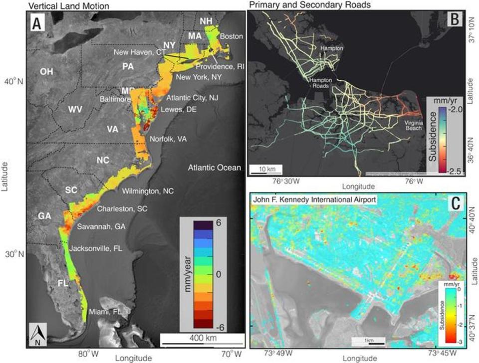Vertical land motion on the US East Coast (left); primary, secondary, and interstate roads in Hampton Roads, VA (top right), and JFK Airport (bottom right). Note that the yellow orange and red areas on these maps indicate sinking (Ohenhen et al.)