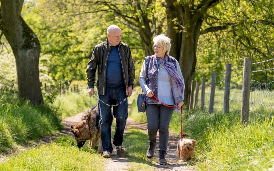 Die Senioren Dave (Dave Johns) und Fern (Alison Steadman) geraten in einen großen Streit, als sie sich erstmals beim Gassigehen begegnen. Doch mit der Zeit wird daraus eine zarte kleine Romanze. (Bild: NICK WALL / Leonine / Weltkino)