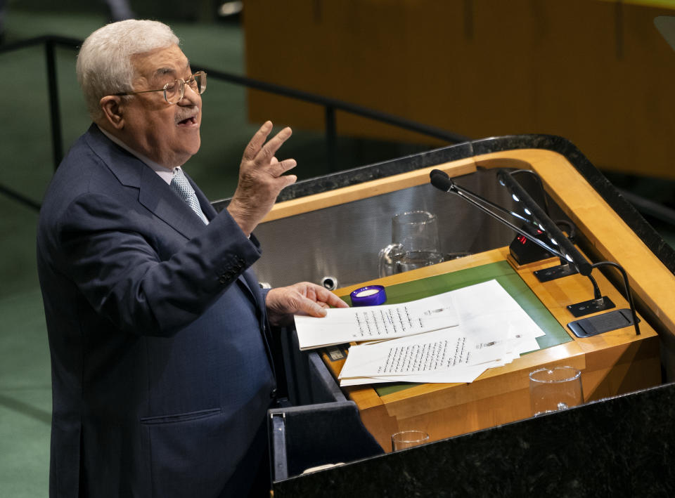 Palestinian President Mahmoud Abbas addresses the 73rd session of the United Nations General Assembly, at U.N. headquarters, Thursday, Sept. 27, 2018. (AP Photo/Craig Ruttle)