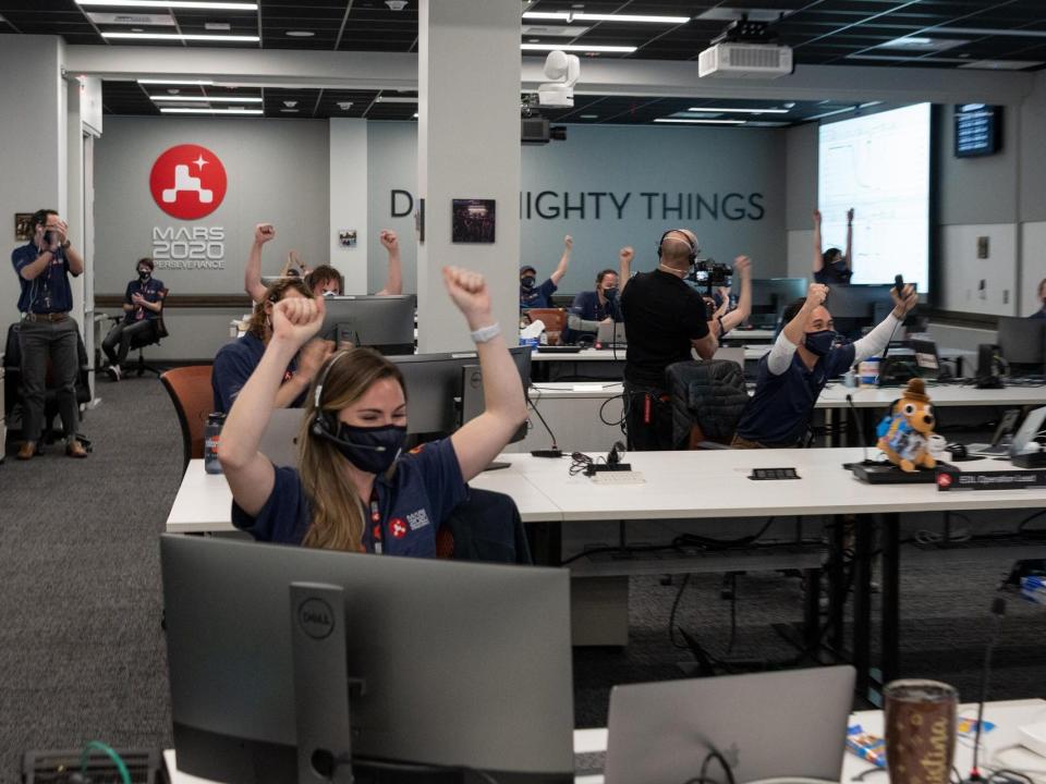 perseverance rover landing mars nasa mission control celebrates