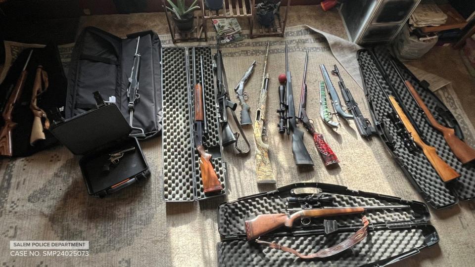 The Salem Police Felony Crimes Unit seized 36 firearms at an Aumsville residence where it served a search warrant on Tuesday.