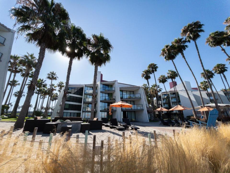 Palm trees frame Hotel Maya in Long Beach.