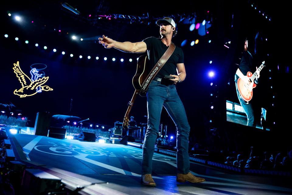 Riley Green performs opening for Luke Combs at Nissan Stadium in Nashville, Tenn., Saturday, April 15, 2023.