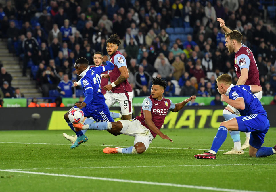LEICESTER, ENGLAND - APRIL 04: Patson Daka of Leicester City is tackled by Ollie Watkins of Aston Villa during the Premier League match between Leicester City and Aston Villa at King Power Stadium on April 4, 2023 in Leicester, United Kingdom. (Photo by Plumb Images/Leicester City FC via Getty Images)