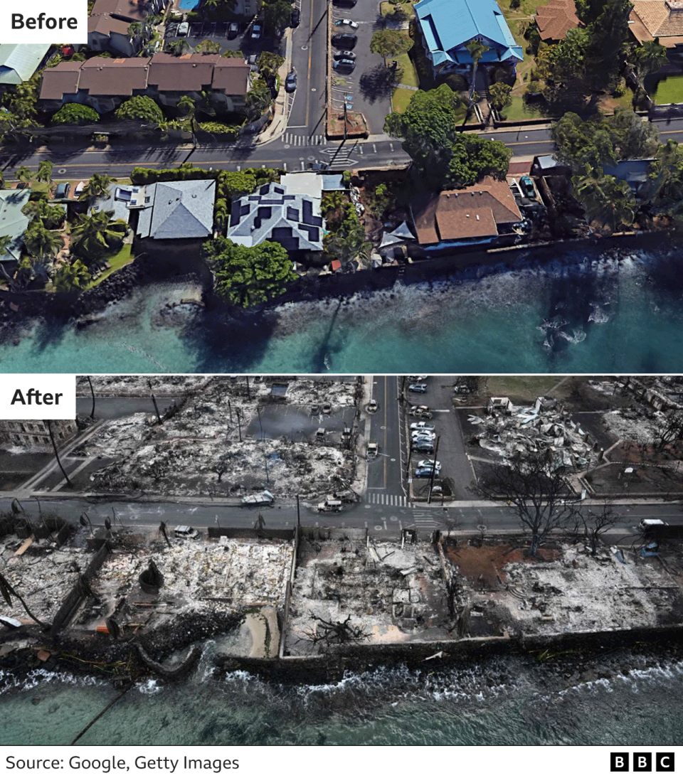 Before and after images showing damage to a section of seafront