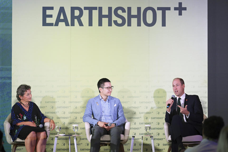 Britain's Prince William, right, takes part in a panel discussion on stage with Earthshot Prize trustee Christiana Figueres, left, Brandon Ng of Ampd Energy at the Earthshot+ Summit at Park Royal Pickering in Singapore, Wednesday, Nov. 8, 2023. William is on a four-day visit to Singapore, where he attended the Earthshot Prize that aims to reward innovative efforts to combat climate change. (Mohd Rasfan/Pool Photo via AP)