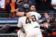 SAN FRANCISCO, CA - OCTOBER 24: Pablo Sandoval #48 of the San Francisco Giants celebrates with his teammate Angel Pagan #16 in the dugout after hitting a solo home run to center field against Justin Verlander #35 of the Detroit Tigers in first inning during Game One of the Major League Baseball World Series at AT&T Park on October 24, 2012 in San Francisco, California. (Photo by Christian Petersen/Getty Images)