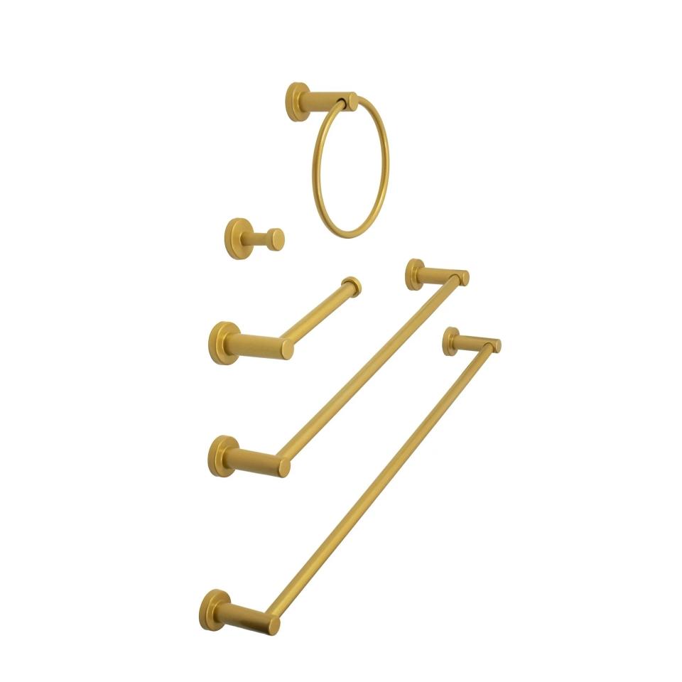 the brass bath hardware set showing two towel bars, a hook, TP holder and a towel ring