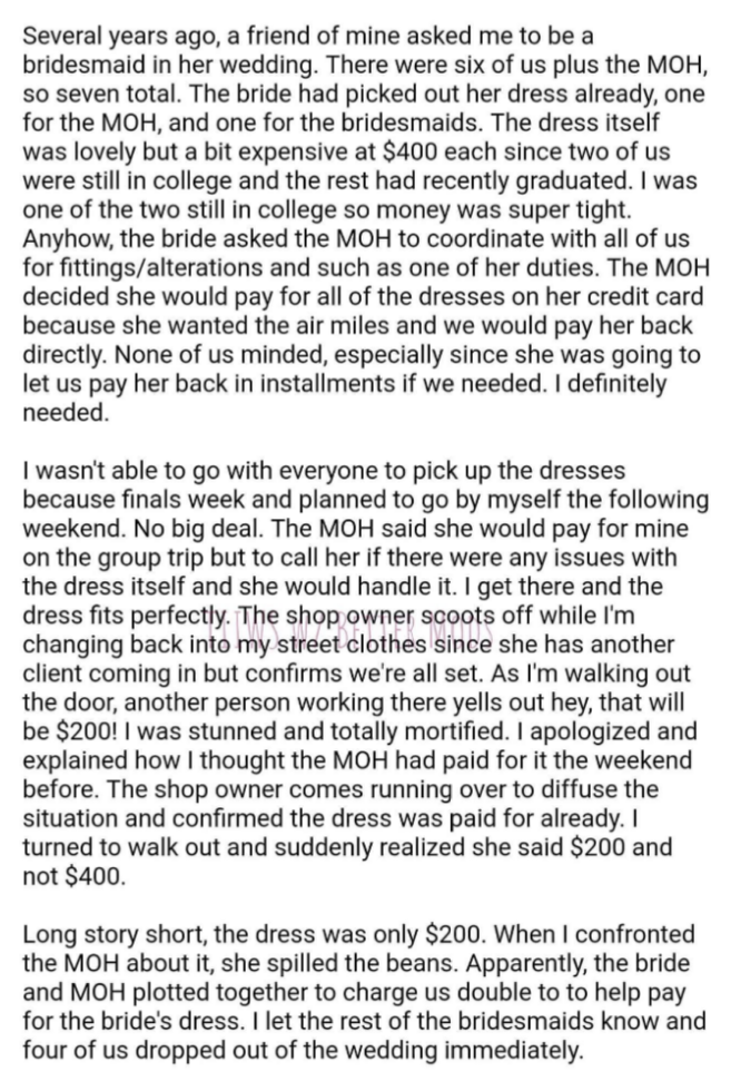 the post from a bridesmaid saying the maid of honor spilled the beans about the scam