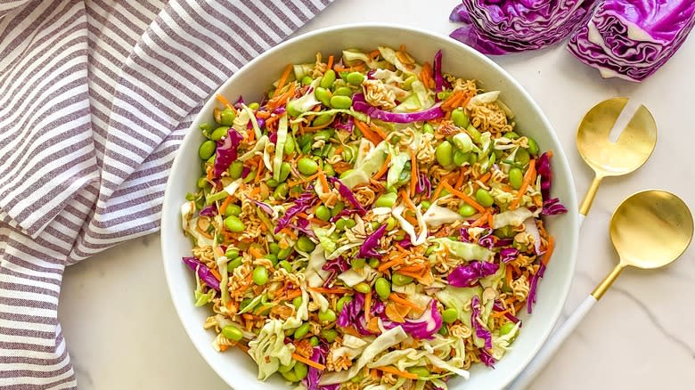 ramen salad in white bowl