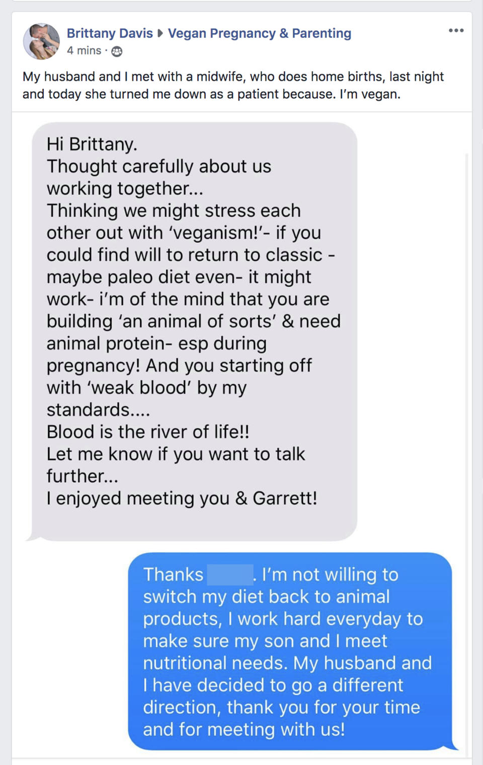 The 30-year-old mum shared screenshot of a text message exchange between herself and the midwife.
