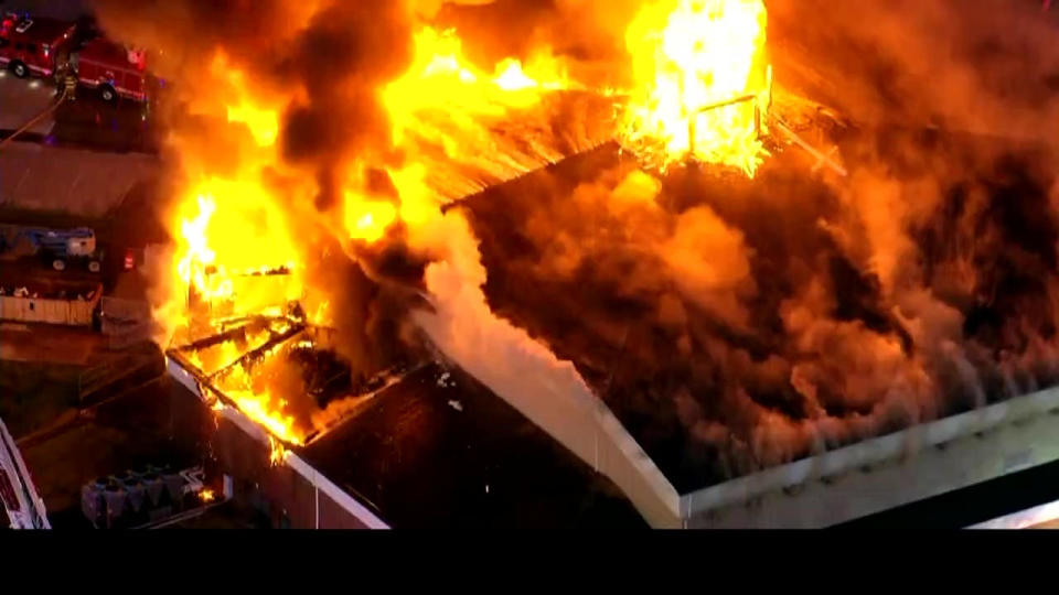 A screenshot from aerial footage taken by CBS Philadelphia shows the expanse of a devastating church fire in Florence Township, New Jersey. / Credit: Chopper 2 / CBS Philadelphia