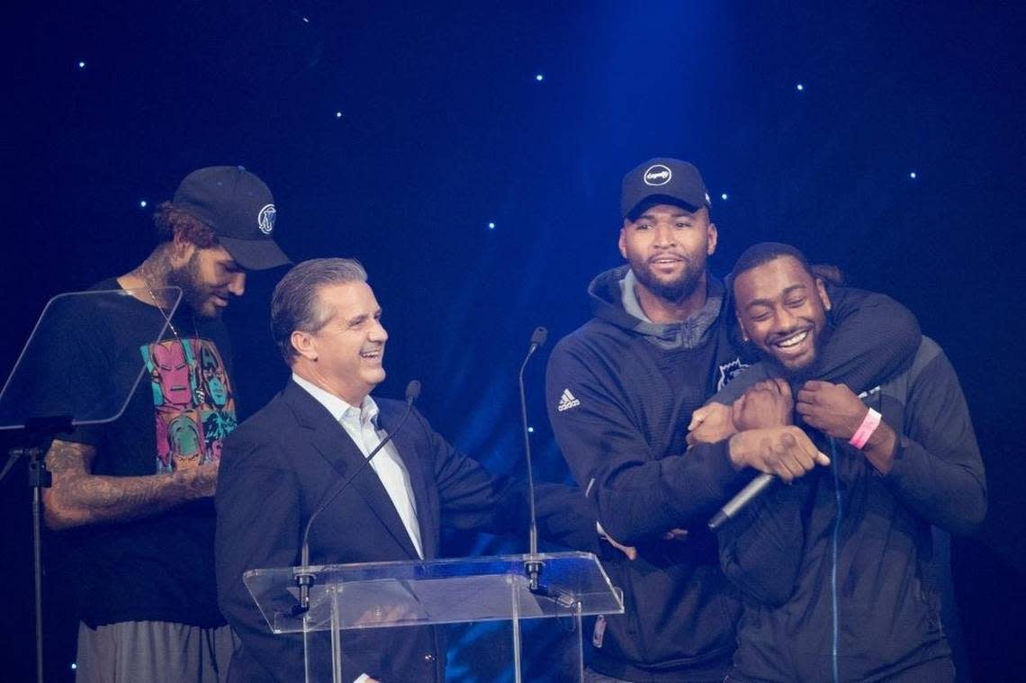 John Calipari invited former Wildcats-turned-NBA-players Willie Cauley-Stein, DeMarcus Cousins and John Wall to the podium at Big Blue Madness in 2016. Nobody could match the Kentucky head coach’s preps-to-pros basketball pipeline, but teaching large groups of freshmen how to effectively play college basketball in just months, not years, became an increasingly difficult code to crack as rival schools challenged UK with more experienced rosters. Mark Mahan