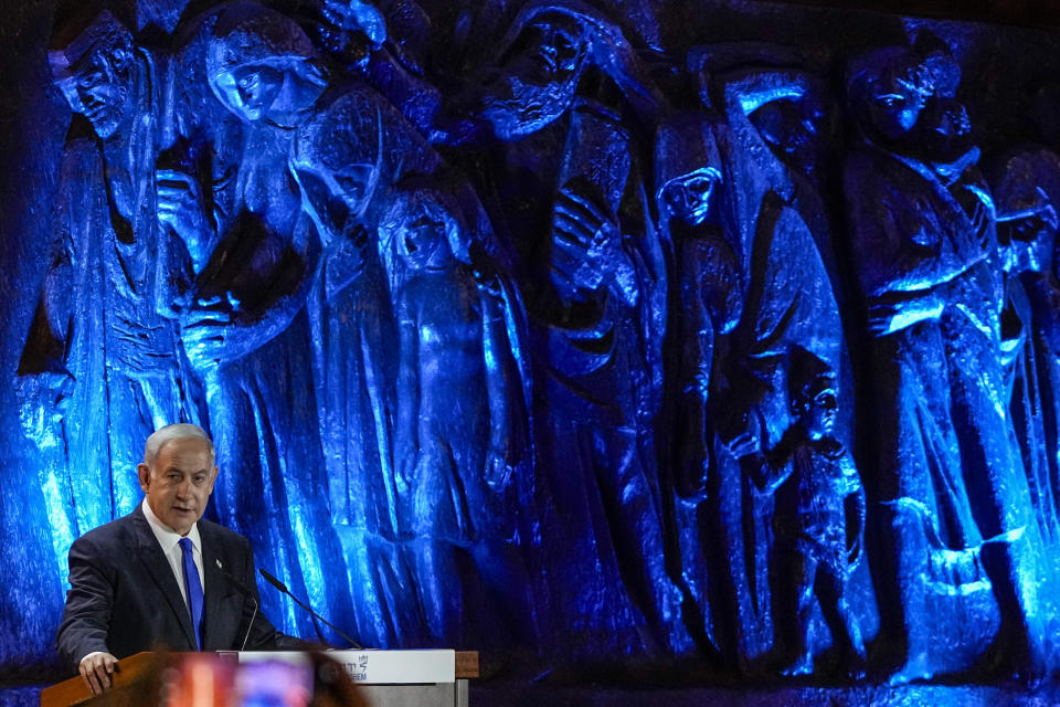 Israeli Prime Benjamin Netanyahu delivers a speech during the opening ceremony of the Holocaust Martyrs and Heroes Remembrance Day at Yad Vashem Holocaust Museum in Jerusalem, Monday, April 17, 2023. (AP Photo/Tsafrir Abayov)