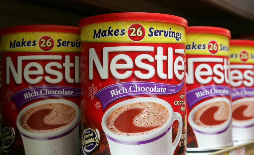 SAN FRANCISCO - FEBRUARY 23: Containers of Nestle hot chocolate mix are seen on a store shelf February 23, 2006 in San Francisco, California. Profit for Nestle, the world's biggest food and beverage company, rose $6.1 billion or 21 percent in 2005 with sales increasing 7.5 percent for to $69.54 billion. (Photo by Justin Sullivan/Getty Images)