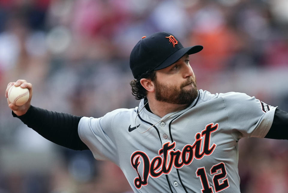 Detroit Tigers pitcher Casey Mize delivers in the first inning of a baseball game against the Atlanta Braves Tuesday, June 18, 2024, in Atlanta. (AP Photo/John Bazemore)