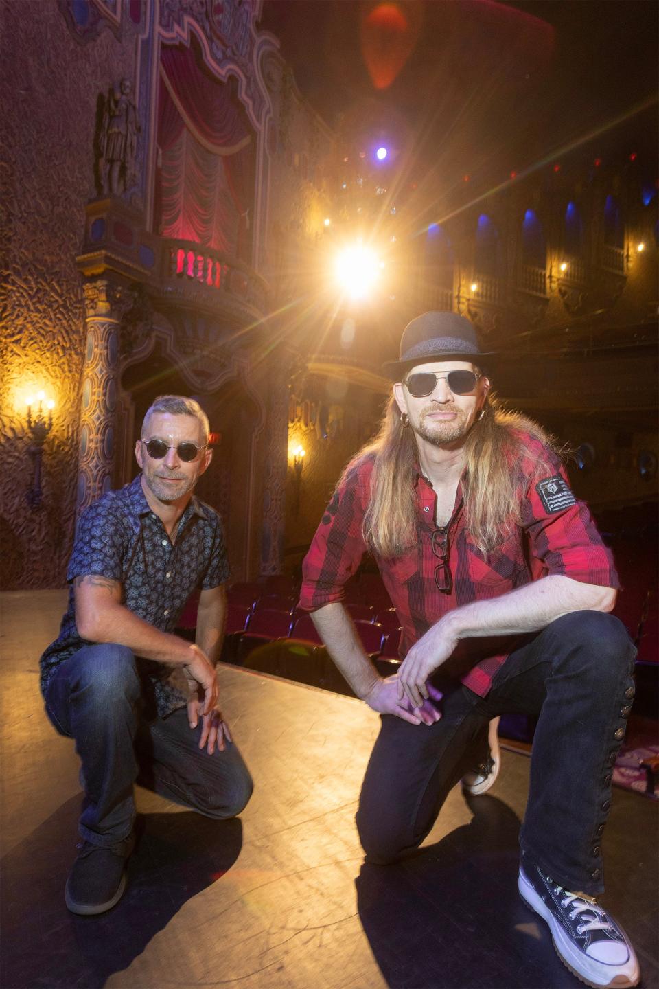 Jay Secrest, left, and Ken Harding of New Wave Nation are shown inside the Canton Palace Theatre, where they will have a 25th anniversary concert at 7:30 p.m. today. Tickets are $25. The band performs the music of Prince, Duran Duran, Joan Jett, Def Leppard, the Stray Cats, Men Without Hats, Michael Jackson and others.