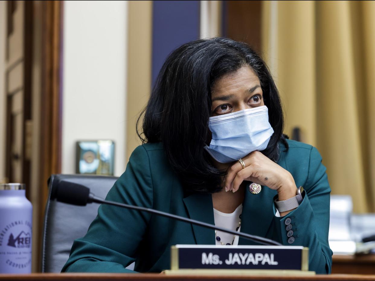 <p>Pramila Jayapal (D-WA) looks on during the House Judiciary Subcommittee on Antitrust, Commercial and Administrative Law hearing on Online Platforms and Market Power in the Rayburn House office Building, on 29 July 2020 on Capitol Hill in Washington, DC</p> ((Getty Images))