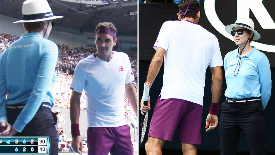 Roger Federer walking up and talking to the line judge at the Australian Open.