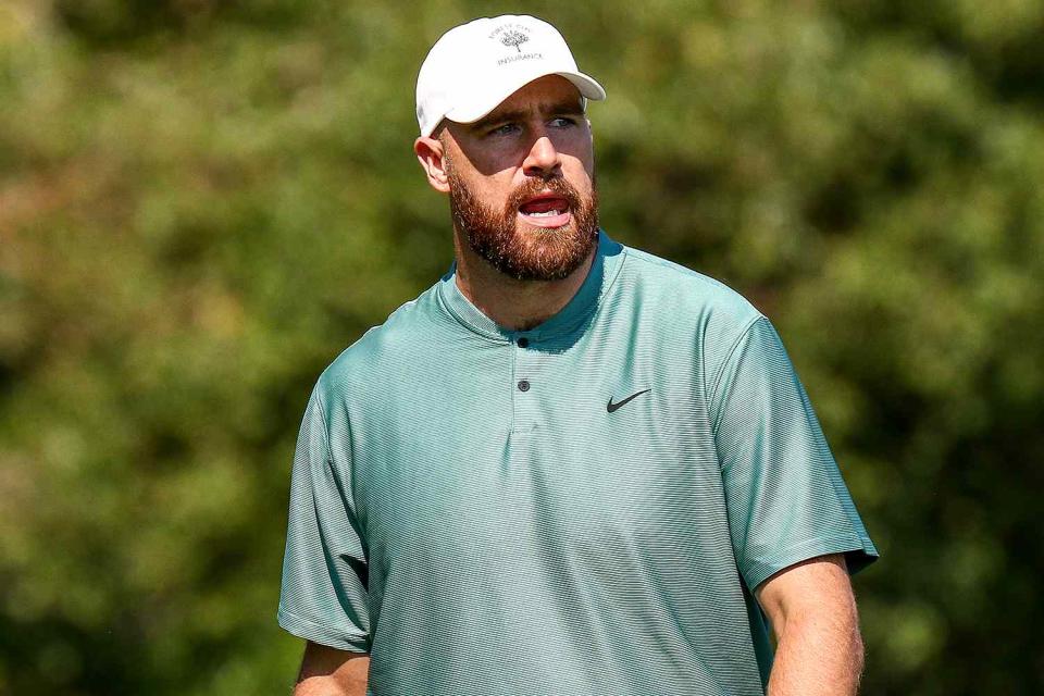 <p>Isaiah Vazquez/Getty</p> NFL football player Travis Kelce walks on the first hole on day one of the 2024 American Century Championship at Edgewood Tahoe Golf Course on July 12, 2024 in Stateline, Nevada.