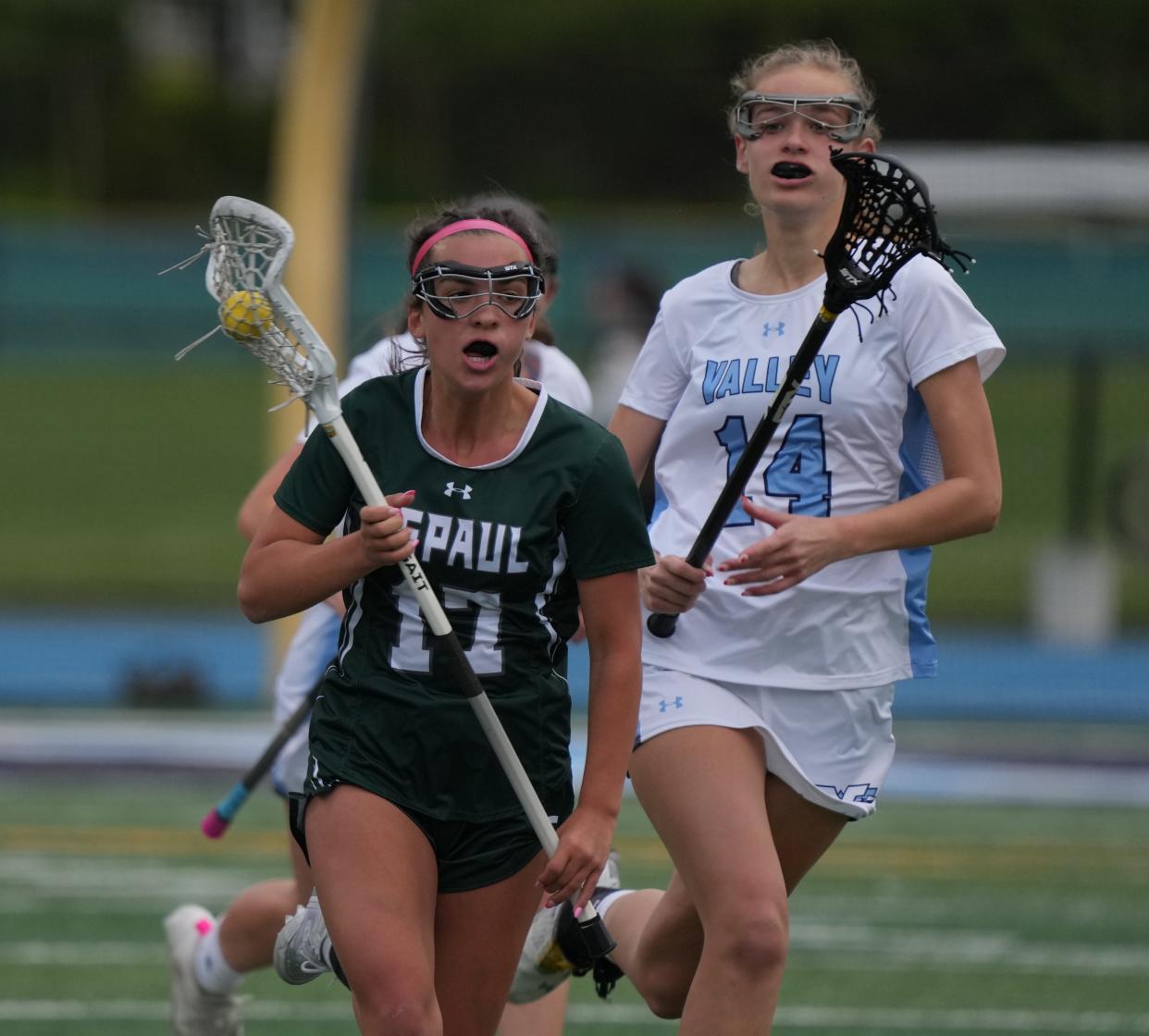 Wayne, NJ - May 3, 2023 — Leah Bolson of DePaul  as Wayne Valley topped DePaul in the Passaic County Girls Lacrosse Tournament 14-5.