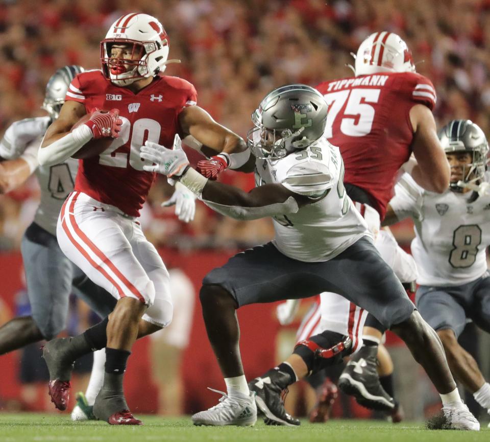 Wisconsin tailback Isaac Guerendo battled hamstring injures early on at UW. He rushed 23 times for 160 yards last season, an average of 7.0 yards per carry.