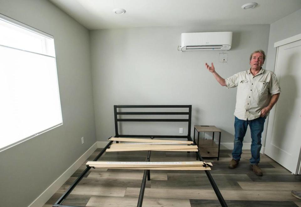 George Warren is building two ADUs — accessory dwelling units — on his midtown Sacramento property by Anchored Tiny Homes out of Fair Oaks. Warren talks on July 13 inside one of the bedrooms about possibly renting the units fully furnished for traveling nurses.