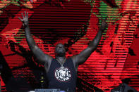 Former NBA basketball player Shaquille O' Neal DJ's at Shaq's Fun House, Saturday, Feb. 1, 2020, in Miami. This carnival themed music festival is one of numerous events taking place in advance of Miami hosting Super Bowl LIV on Feb. 2. (AP Photo/Lynne Sladky)