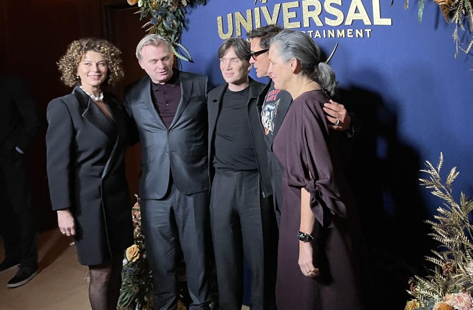 UniversalNBC Studio Group chairman Donna Langley with “Oppenheimer” writer-director Christopher Nolan, Cillian Murphy, Robert Downey, Jr. and producer Emma Thomas at the Universal celebration at the Sunset Tower.