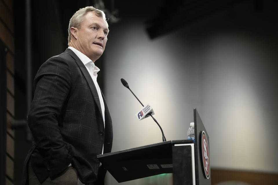 San Francisco 49ers general manager John Lynch speaks to reporters after the team's NFL preseason football game against the Los Angeles Chargers in Santa Clara, Calif., Friday, Aug. 25, 2023. (AP Photo/Godofredo A. Vásquez)