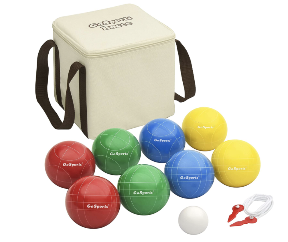 GoSports Backyard Bocce Set with red, green, blue and yellow balls and canvas carrying bag (Photo via Amazon)