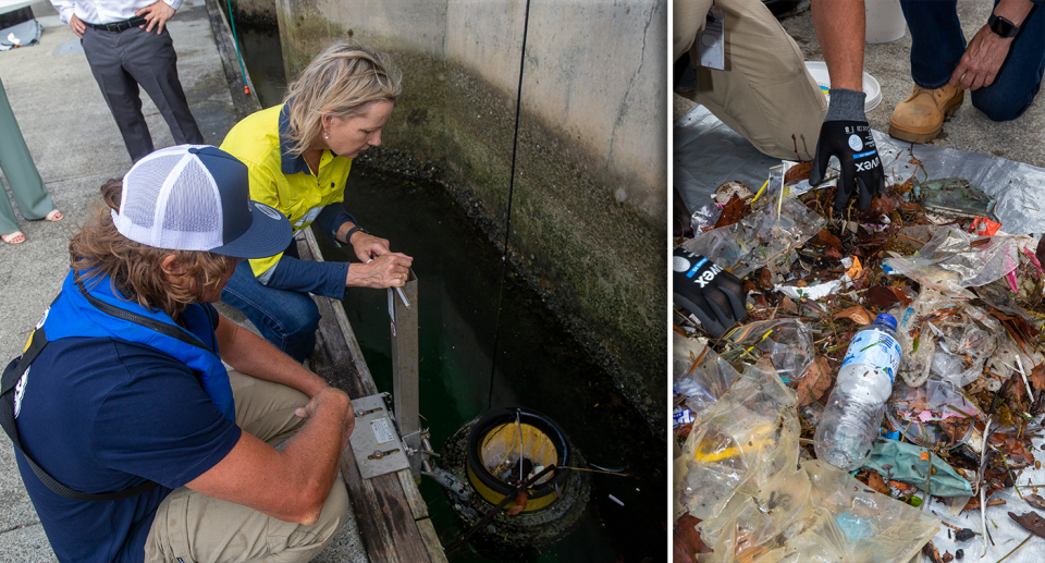 Environment Minister Sussan Ley pictured left looking at a Seabin which has been removing plastic from Sydney Harbour. Right is items pulled from the water.