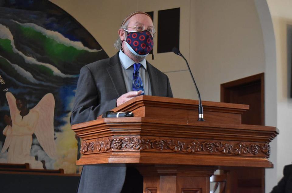 Rabbi Shalom Bochner of Congregation Beth Shalom speaks at the annual commemoration of the Rev. Martin Luther King Jr. at Christian Love Baptist Church in Modesto on Monday, Jan. 17, 2022.