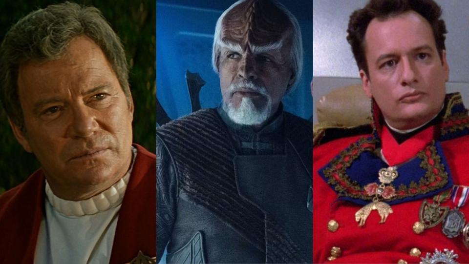(L to R) William Shatner as Kirk in Star Trek: Generations, Michael Dorn as Worf in Star Trek: Picard, and john de Lancie as Q in Star Trek: The Next Generation. 